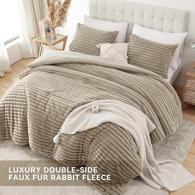 Smoofy Fluffy Queen Size Comforter Set 3 Pieces - Linen Fleece Fluffy Comforter Set, Luxury Fuzzy Queen Bedding Set, Soft Warm Queen Bed Set All Season, Heavy Faux Fur Comforter with 2 Pillow Cases