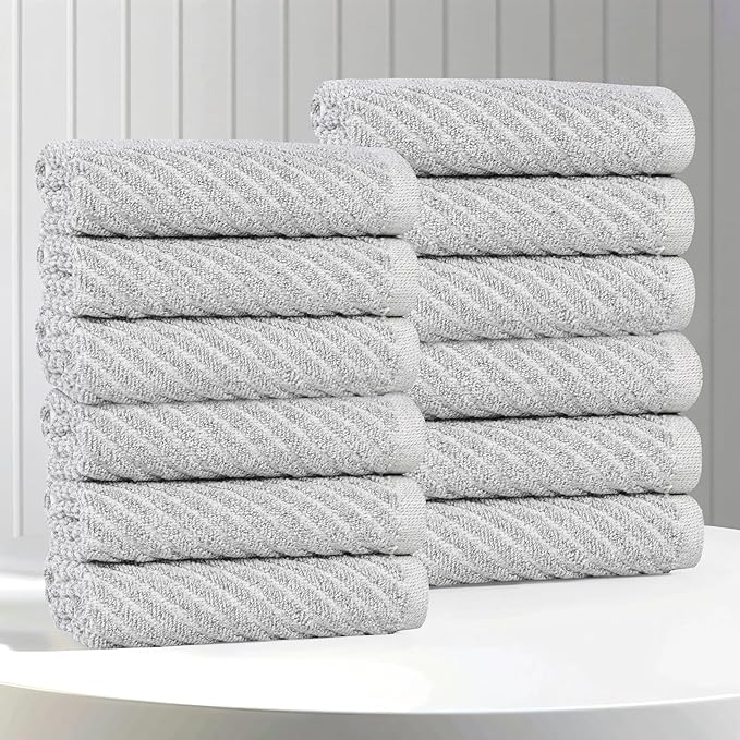 Superior Amelia Viscose Cotton Blend Medium Weight Small Towels, For Kitchen, Bathroom, Shower, Spa, Plush, Quick Dry, Ultra-Soft Essentials, Ribbed Design, Face Towels Washcloths, Set of 12, Platinum
