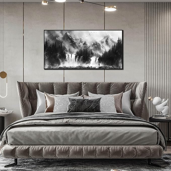 Foggy Forest Art Wall Decor for Living Room - Office Artwork Wall Decor - Black and White Framed Wall Art for Bedroom Size 24" x 48"