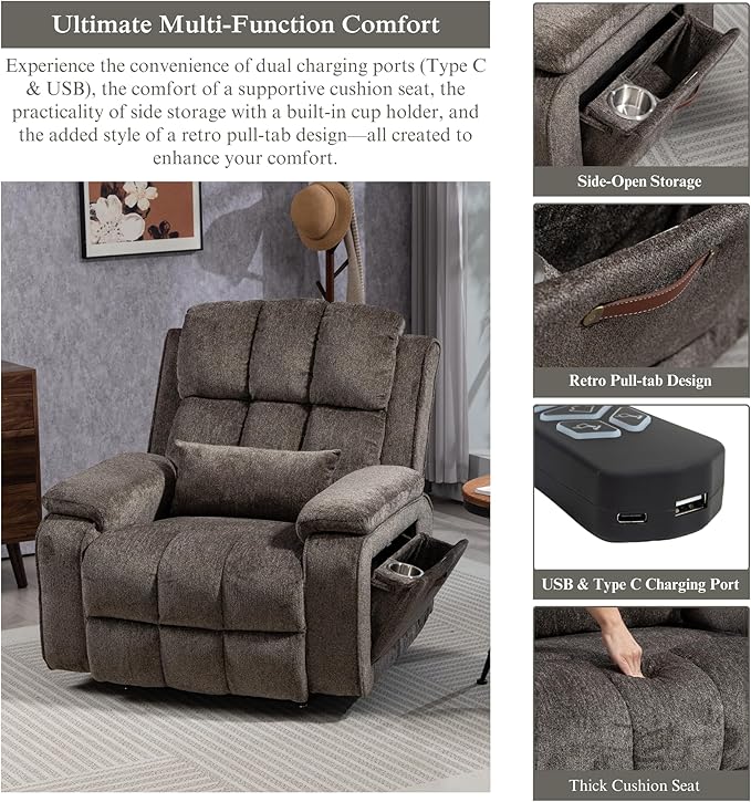 Power Lift Recliner Chairs for Elderly - Infinite Position Lay Flat Recliner with Heat & Massage Side Storage Cup Holder - USB Type C Charging - Dual Motor Lift Chair 400 lbs
