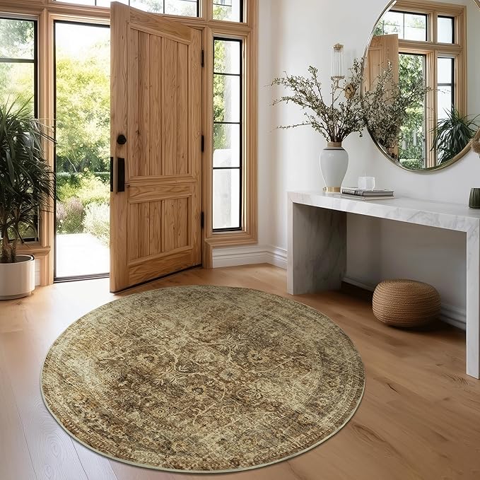 FMFUNCTEX 3ft Round Washable Area Rug Brown Vintage Neutral Distressed Small Non Slip Carpet for Living Room Bedroom Soft Low Pile Indoor Mat Retro Floral Throw Rug for Entryway Bathroom Bedside