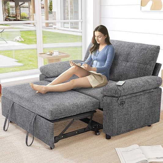 Vipbear 3-in-1 Chenile Convertible Sofa Bed, Pull Out Sleeper Sofa with USB Charging Station/Reclining Backrest/Side Pocket, Loveseat for Living Room, Apartment, Tool-Free Assembly, Dark Grey