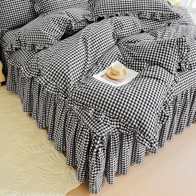 mixinni Vintage Black Gingham Ruffle Comforter Set 3-Piece Washed Cotton Queen Size Grid Bedding Set with Geometric Checkered Pattern, Farmhouse Chic Soft Fluffy Comforter for All-Season