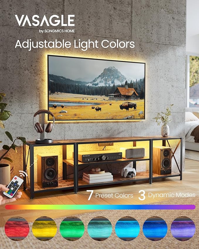 VASAGLE TV Stand With Power Outlets and LED Lights, for TVs up to 75 Inches, Entertainment Center With Open Storage Shelves, Console Table for Living Room, Rustic Brown and Ink Black ULTV122K01