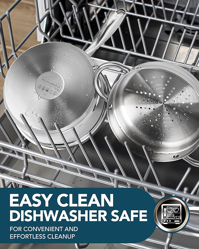 MICHELANGELO Saucepans with Lids & Steamer 7Pcs, Stainless Steel Pot Set with Triply Bottom, 3 Quart Saucepan with Steamer, 18/10 Saucepan Set Induction Compatible - 1QT & 2QT & 3QT