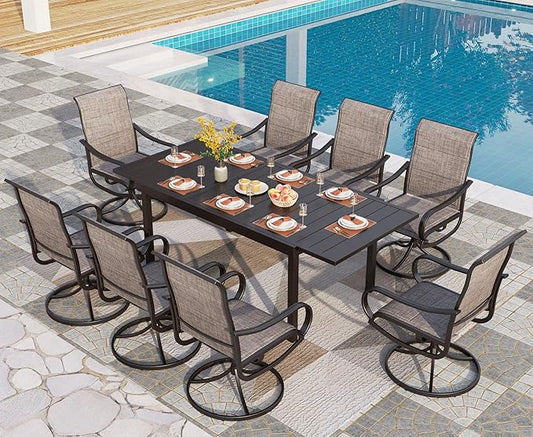 PHI VILLA 9 Piece Patio Dining Set, Outdoor Table and Chairs Set for 8 with Padded Swivel Patio Dining Chairs & Large Expandable Table for Lawn Garden