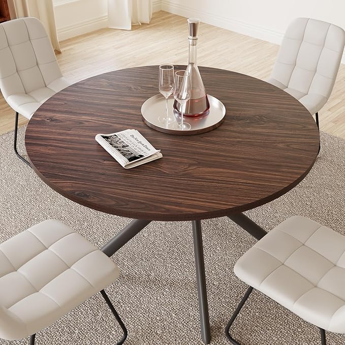 45.3 Inch Round Dining Table Set for 4, Mid Century Modern Small Coffee Set for Dining Room Kitchen Apartment (Walnut Table + 4 U-Shaped White Chairs)