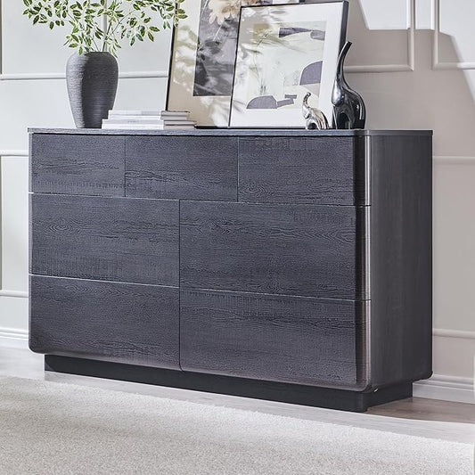 JXQTLINGMU 7 Drawer Dresser for Bedroom, Modern Push-to-Open Chest of Drawers, Large Wood Storage w/Curved Profile & Handleless Design, 52" Wide Dresser TV Stand for Bedroom, Living Room, Black