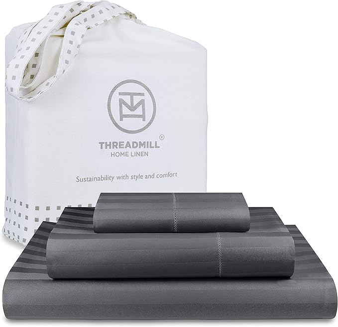 Threadmill 500 Thread Count Twin Size Damask Stripe, 3 Pc Luxury Cotton Bedding Set, Breathable & Silky Soft Dark Grey Sheets with 15" Elasticized Deep Pocket, 1 Pillowcase & Free Tote Bag