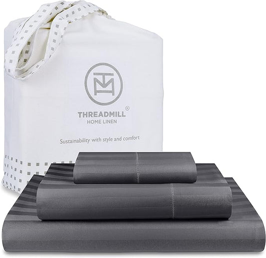 Threadmill 500 Thread Count Twin Size Damask Stripe, 3 Pc Luxury Cotton Bedding Set, Breathable & Silky Soft Dark Grey Sheets with 15" Elasticized Deep Pocket, 1 Pillowcase & Free Tote Bag