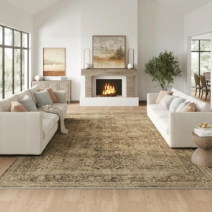 FMFUNCTEX 8x10 Washable Area Rug Brown Vintage Neutral Distressed Large Non Slip Carpet for Living Room Bedroom Soft Low Pile Indoor Mat Retro Floral Throw Rug for Dining Room Kitchen Office Nursery