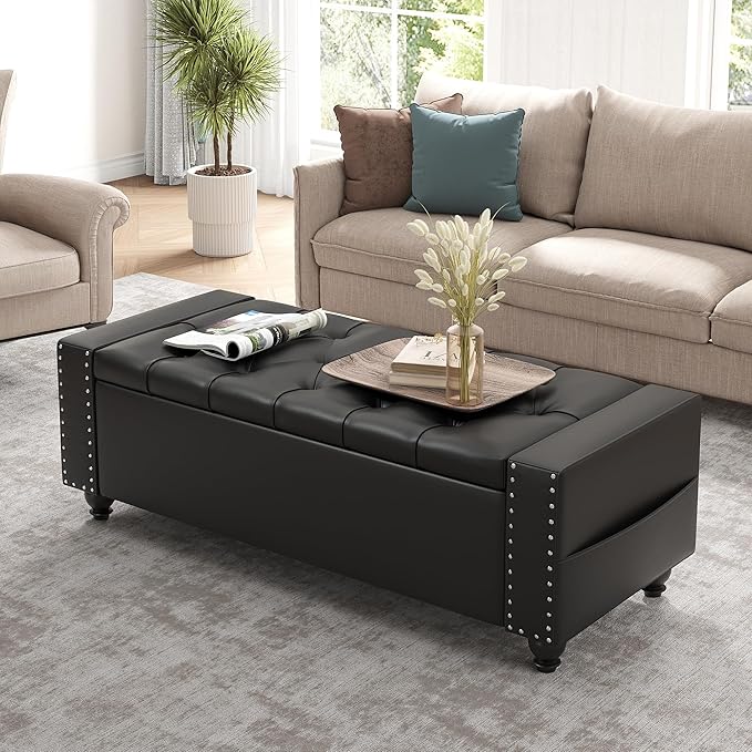 Maupvit Storage Ottoman Bench, 49 Inch Bedroom Bench, Upholstered Ottoman with Storage, Entryway Bench with Tufted Button, Faux Leather Window Bench for Bedroom, Living Room, Entryway, Hallway, Black