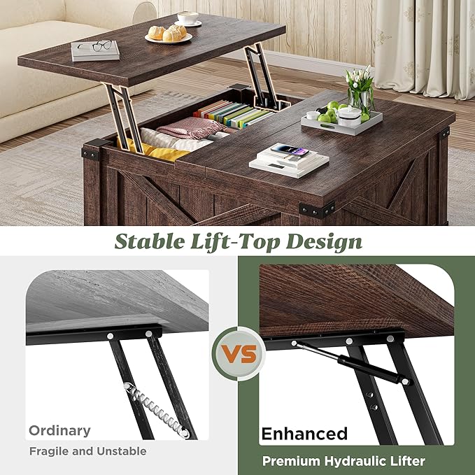 EnHomee Lift Top Coffee Table with Storage, 36" Farmhouse Coffee Tables for Living Room, Square Coffee Table with Large Hidden Space, for Living Room, Bedroom, Home Office, Classic Brown