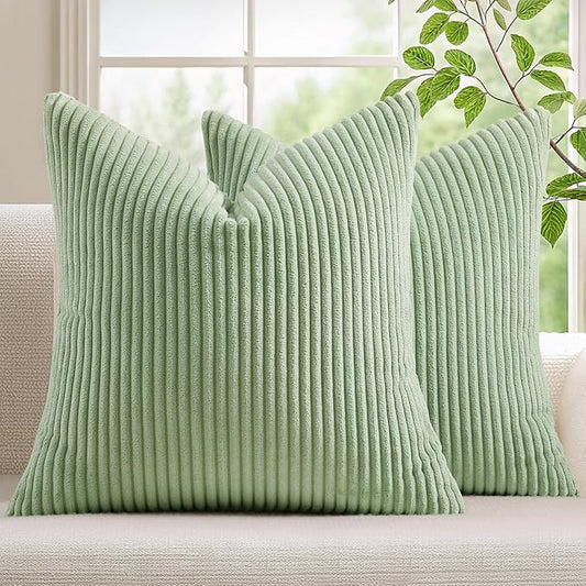 Mecatny Corduroy Decorative Throw Pillow Covers 22x22 Set of 2 for Sofa Living Room, Soft Neutral Boho Couch Pillow Covers for Home Decor, Sage Green