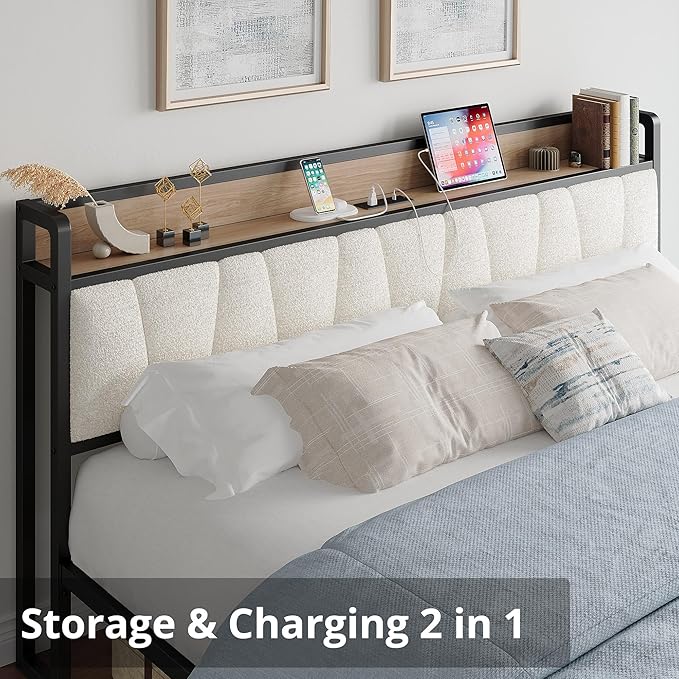 LIKIMIO California King Bed Frames, Storage Headboard with Charging Station, Solid and Stable, Noise Free, No Box Spring Needed, Easy Assembly, Wood and Cream