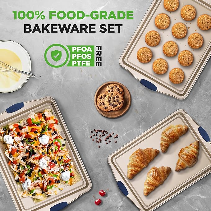 NutriChef 3-Piece Nonstick Bakeware Set - Premium Carbon Steel Oven Baking Trays w/Blue Silicone Handles - Small, Medium & Large Cookie Sheet Pans - PFOS, PFOA, PTFE-Free, Easy to Clean