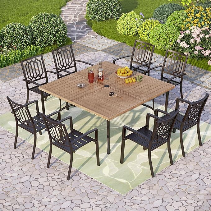 PHI VILLA 9-Piece Outdoor Dining Set, Retangualr Metal Table (60") with Umbrella Hole and 8 Stackable Dining Chairs – Perfect for Patio, Garden, Deck, Porch, and Yard, 9PCS Outdoor Dining Set Style 2