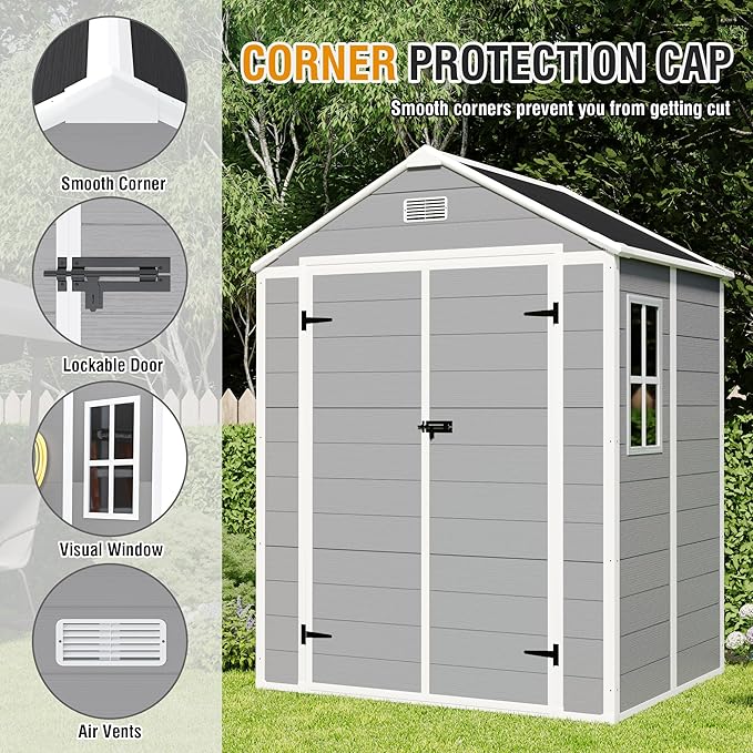 6' x 5' Resin Storage Shed Outdoor, PP Material & Strong Structure for All Weather, Plastic Garden Shed w/Window for Garden, Backyard, Poolside and Lawn, 12mm Thick PP Board - Grey