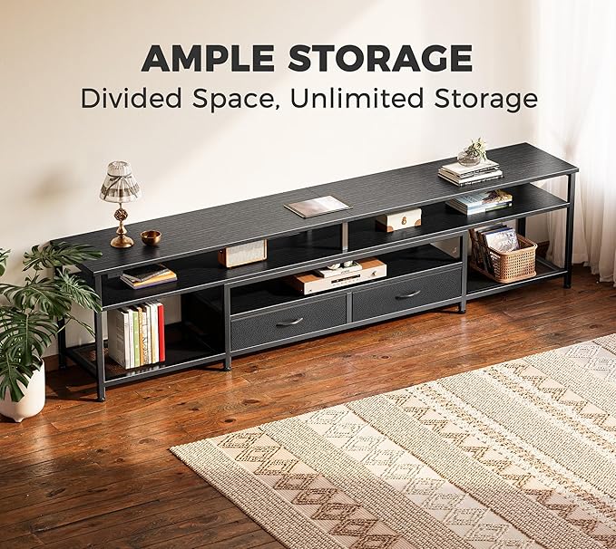 Huuger 79 Inch TV Stand for 85, 90 Inch TV, Entertainment Center with LED Lights and Power Outlets, TV Console with Drawers, Shelves, Type C, PU Leather Surface, for Living Room, Black