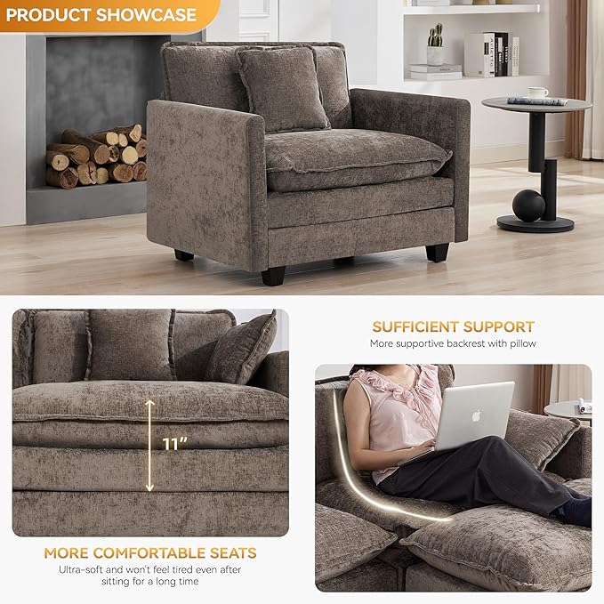 41'' Modern Chenille Oversized Chair, Upholstered Accent Living Room Chair with Extra Thicked Deep Seat, Single Lounge Chair for Bedroom, Small Apartment, Brown