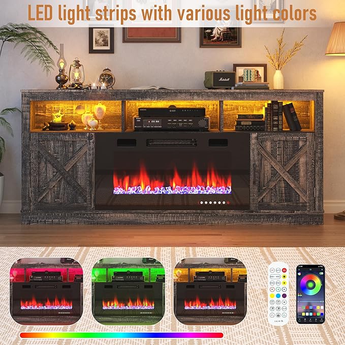 Farmhouse TV Stand with 36" Fireplace for 80" TV, 70" Fireplace Entertainment Center with Barn Doors and LED Light, Tall Fireplace TV Stands for Living Room, Dark Rustic Oak