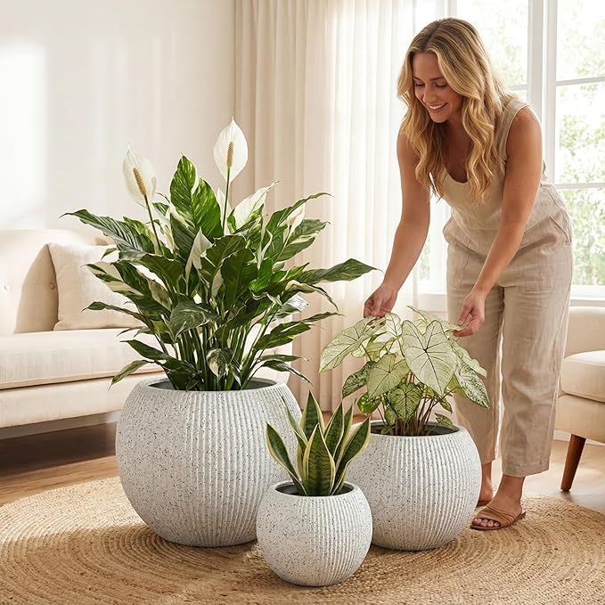 DTY Signature Mount Sherman Modern Indoor Outdoor Fiberstone Sphere Planter, Durable Round Garden Pot, Weather Resistant, Drainage Hole & Rubber Plug,Planter for Christmas Tree (Ribbed White, Small)