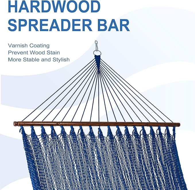Lazy Daze Hammocks 10.5 FT Double 2 Person Caribbean Rope Hammock, Hand Woven Polyester Hammock with Spreader Bars, for Outside Outdoor Backyard Patio Poolside,450 LBS Capacity, Blue