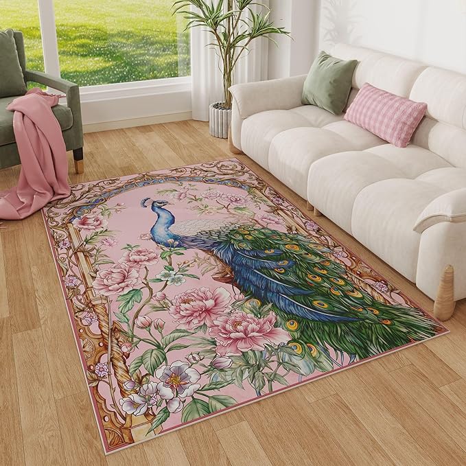 Bedroom Rug 3x5 Rug Washable Area Rug Low Pile Floral Peacock Animal Small Carpet for Bedroom, Bedside, Kitchen, Entryway, Kids Room, Office, College Dorm(Pink)
