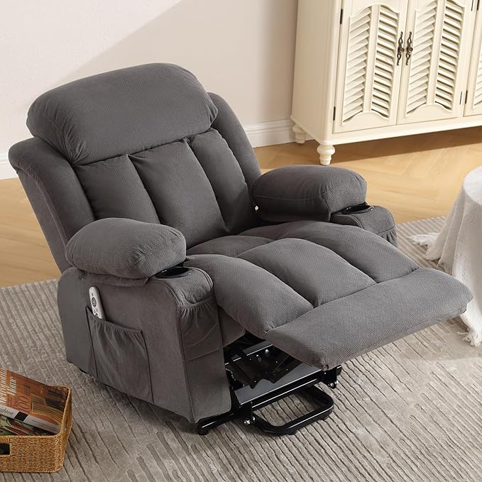 Power Lift Recliner Chair for Elderly with Vibration Massage and Lumbar Heating Electric Oversized Single Sofa with Cup Holder and USB Charge Port for Living Room