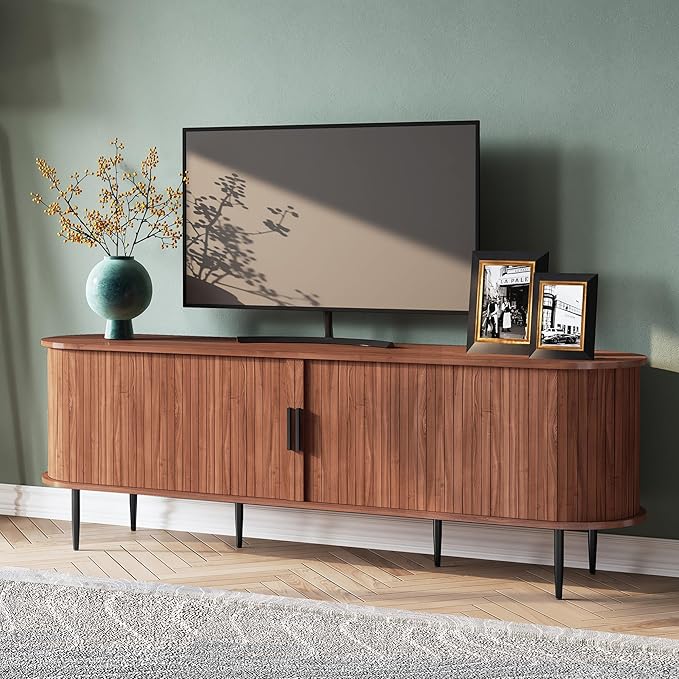 ARTPOWER 70" Modern TV Stand with Tambour Door for TVs up to 80", Entertainment Center with Storage, Fluted Television Consoles for Living Room, Brown