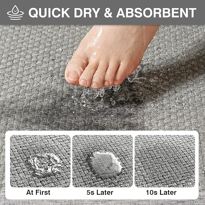 Non Slip Ultra Thin Bathroom Rugs Mat 20x32, Bath Mat for Bathroom Quick Dry Absorbent Bathroom Mat Floor Rubber Backed Fit Under Door, Woven Washable Bath Rugs, Gray