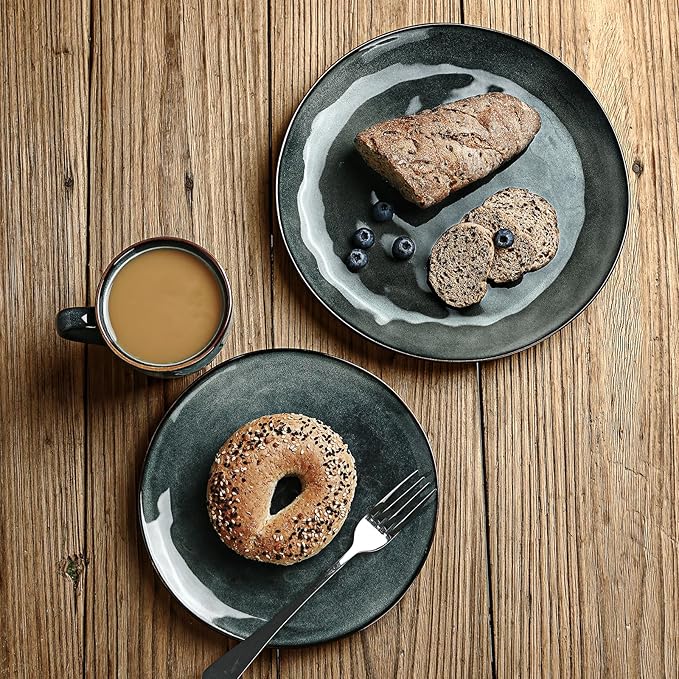 Famiware Ocean Round Plates and Bowls Set, 18 Pieces Dinnerware Sets, Dishes Set for 6, Reactive Glaze, Microwave and Dishwasher Safe, Scratch Resistant, Deep Forest