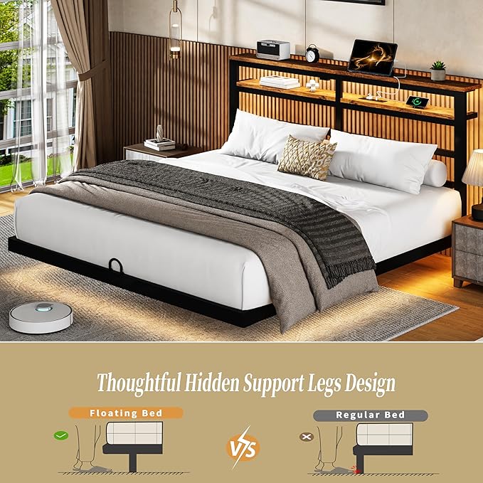 Floating Bed Frame Queen with LED Lights &USB Charging Station – Modern Platform Bed with 2 Tier Storage Headboard, Metal Slat Support, No Box Spring,Easy Assembly, Noise-Free, Black