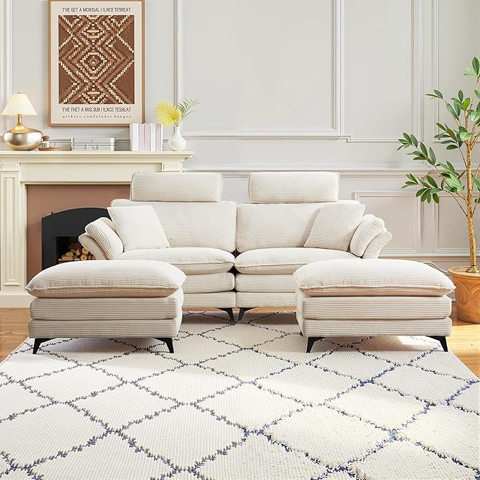 85.83" Sectional Couch, Cloud Couch with Two Movable Ottomans, Modular Sofa, Sectional Couches for Living Room and Office, Beige