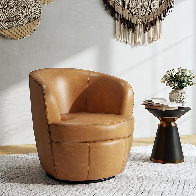 Swivel Barrel Chair, Modern Round PU Leather Accent Armchair for Living Room, Bedroom, Comfy Club Reading Chairs for Adults (Leather Light Brown, Set of 2)