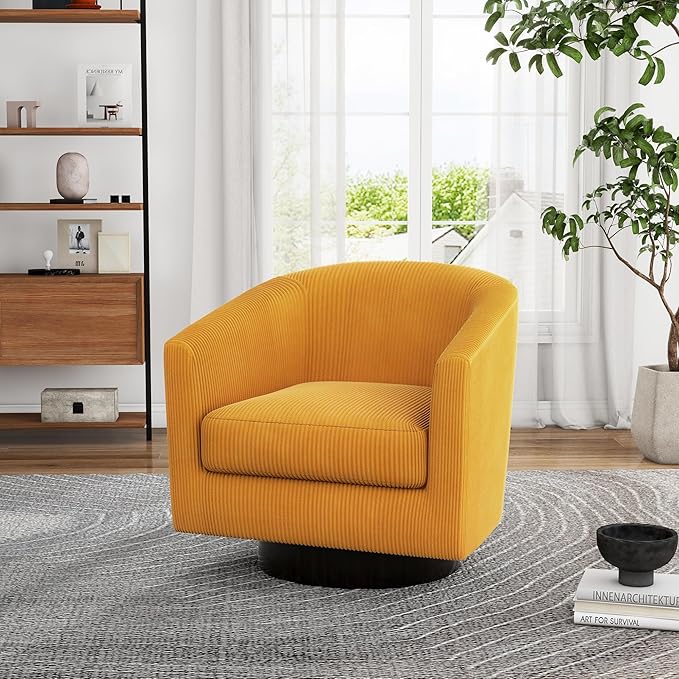 UIXE Swivel Accent Chair, Upholstered Corduroy Barrel Chair for Living Room, Small Single Sofa Bedroom Reading Seat, Orange