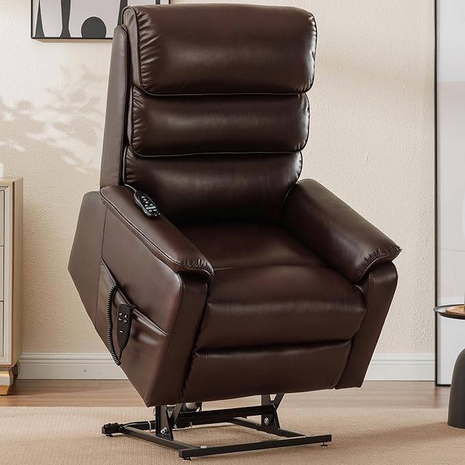 Lay Flat Lift Chair with Heat and Massage, Dual Motor Recliner with Infinite Position, Up to 350 LBS Electric Power Lift, Red Brown Leather