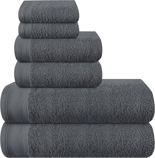 Ultra Soft 6 Pack Cotton Towel Set, Contains 2 Bath Towels 28x55 inch, 2 Hand Towels 16x24 inch & 2 Wash Coths 12x12 inch, Ideal Everyday use, Compact & Lightweight - Charcoal Grey