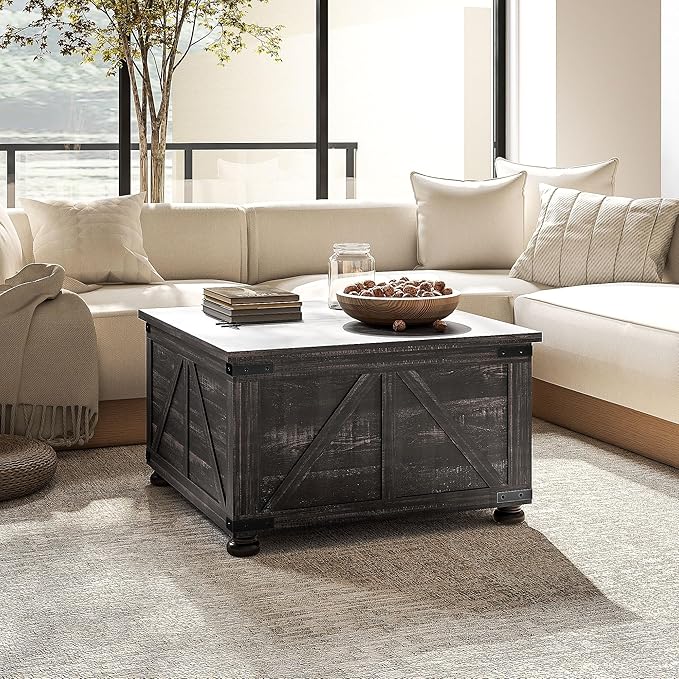 HOMCOM Farmhouse Coffee Table, 31.5" Square Coffee Table with Storage, Living Room Center Table with Hinged Flip Lift Top and Hidden Space, Distressed Brown