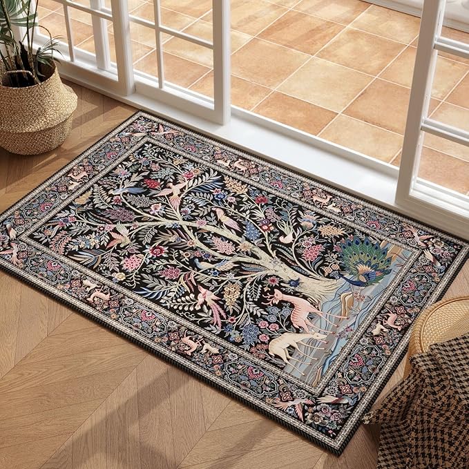 Indoor Door Mat 2x3 Rug Vibrant Tree of Life-Patterned Vintage Machine Washable Small Area Rug Non-Slip Low Pile Throw Rugs for Entryway Kitchen Front Door Entrance Entry Kids Room, Black