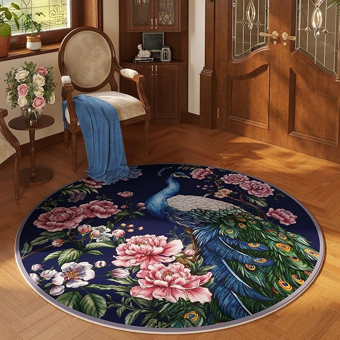Round Rug 4ft Washable Circle Rug Non Slip Low Pile Floral Peacock Animal Small Circular Rug for Bedroom, Bathroom, Entryway, Kids Room, Office, College Dorm (Cobalt Blue)