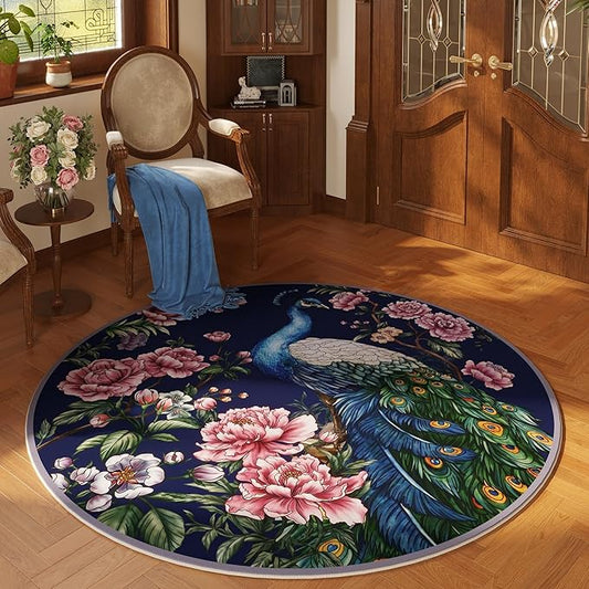 Round Rug 4ft Washable Circle Rug Non Slip Low Pile Floral Peacock Animal Small Circular Rug for Bedroom, Bathroom, Entryway, Kids Room, Office, College Dorm (Cobalt Blue)