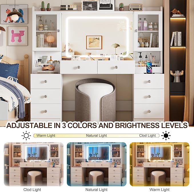 PAKASEPT 55.1" Large Vanity Desk with Mirror and Lights, Makeup Vanity with Power Outlet and 8 Drawers, 3 Lighting Modes Adjustable Vanity Table for Girl Women(White)