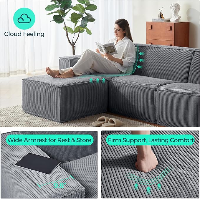 LINSY HOME Modular Sectional Sofa, 134" Boneless Couch U Shaped 4-Seat Sofa with 2 Movable Ottomans, Corduroy Sectional Cloud Couches for Living Room, No Assembly Required, Bluish Grey
