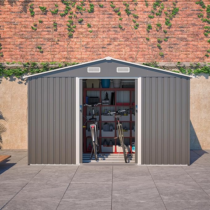 10x8 FT Sheds & Outdoor Storage Garden Metal Shed with Floor Included Lockable Sliding Door and Air Vents Foundation Steel Shed with Air Vents Waterproof Roof Ideal for Backyard Patio Lawn Dark Gray