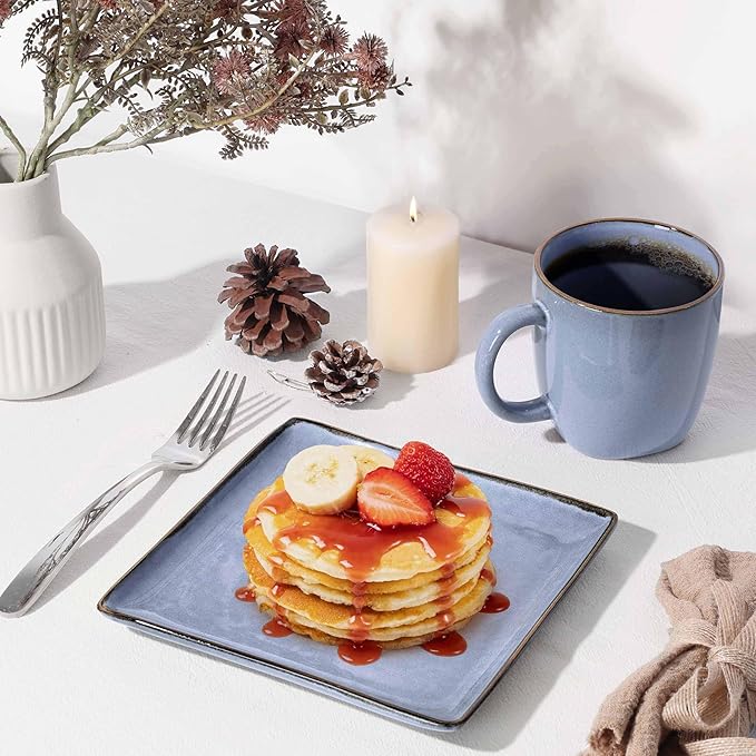 Herogo 12-Piece Square Stoneware Dinnerware Set for 4, Dinner Plates and Bowls Sets, Double Reactive Glaze Dishware Place Setting for Kitchen, Scratch Resistant, Microwave Safe, Haze Blue