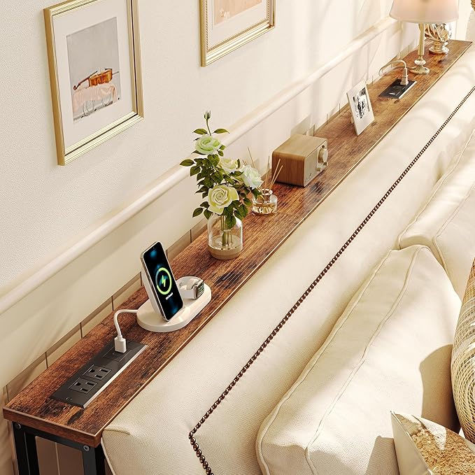 SUPERJARE 86.6 Inch Sofa Table with 2 Power Outlets and USB-C Ports, 5.9 Inch Narrow Console Table with Storage, Long Entryway Hallway Couch Table Behind Sofa, Small Spaces, Living Room, Rustic Brown