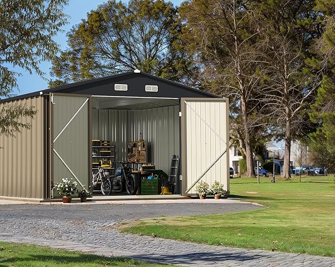 Greesum Metal Outdoor Storage Shed 10FT x 10FT, Steel Utility Tool Shed Storage House with Door & Lock, Metal Sheds Outdoor Storage for Backyard Garden Patio Lawn (10' x 10'), Brown