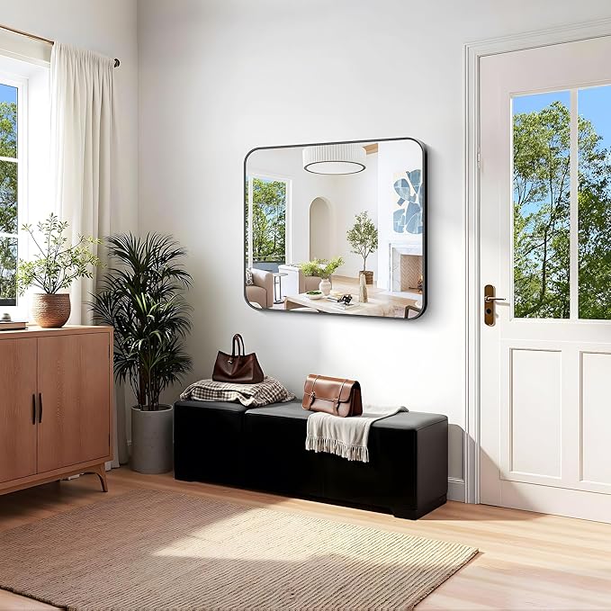 KOCUUY Black Rectangle Mirror, 36"x40" Vanity Mirror for Over Sink, Large Metal Framed Mirror with Rounded Corner for Bathroom Living Room Bedroom Dining Room, Hang Horizontal/Vertical