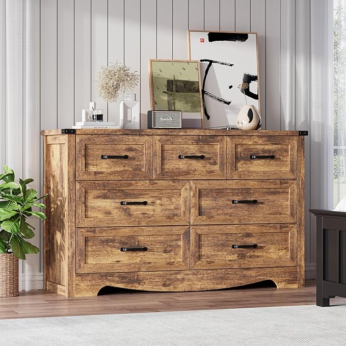 7-Drawer Dresser for Bedroom – 47" Wide Modern Wooden Chest with Natural Wood Texture, TV Stand & Storage, Metal Corner Brackets, Wood Drawer Organizer for Living Room, Hallway